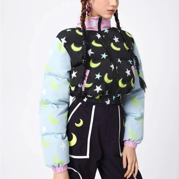 Star Moon Color-block Cropped Puffer Jacket Coat - Picture 6 of 11